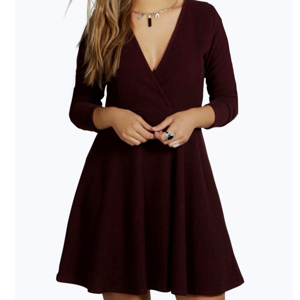 Knit burgundy skater wrap dress